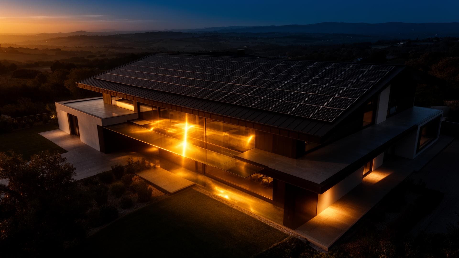 Residência moderna com painéis solares no telhado